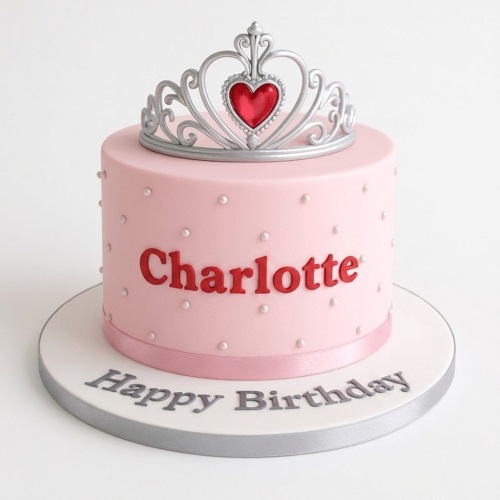 Pink birthday cake with silver tiara and red heart, decorated with white pearls and a personalised name.