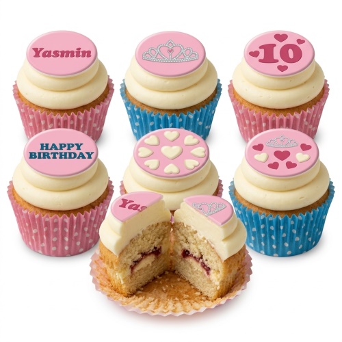 Cupcakes with white frosting and pink toppers, featuring a silver tiara, hearts, and custom age/name examples.