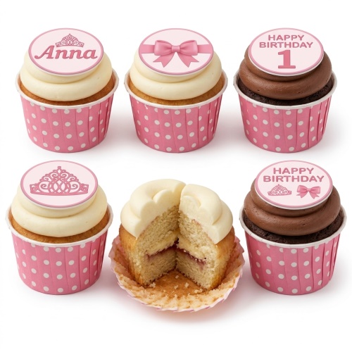 Pink and white princess birthday cupcakes with tiara and bow toppers, with custom age and name examples.
