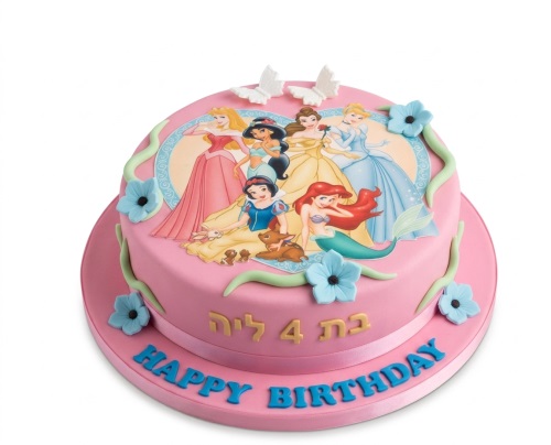 Round pink Disney Princess birthday cake with edible image of princesses, blue flowers, green vines, and white butterflies.