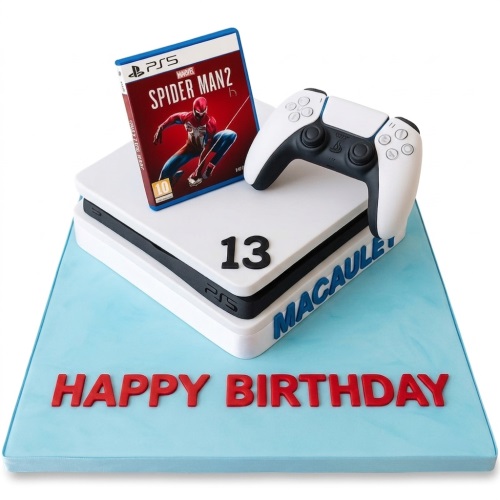 White PS5 console cake with controller, Spider-Man 2 game, and custom age topper.