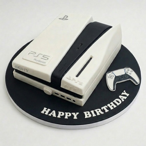 White and black PS5 console birthday cake with a controller and "Happy Birthday" message.