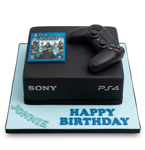 Black PlayStation 4 console birthday cake with controller and game on a light blue board.