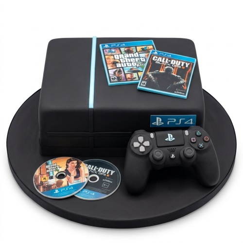 Black PS4 console shaped birthday cake with edible controller and game discs.