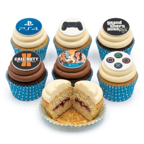 Six gaming themed cupcakes with PlayStation, Grand Theft Auto, and Call of Duty edible toppers.