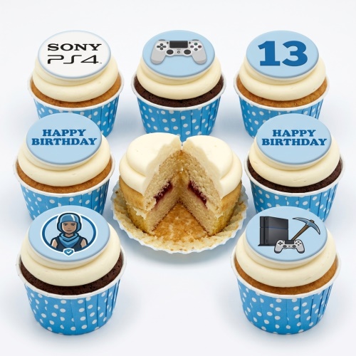 Assorted gaming themed birthday cupcakes with PlayStation, Fortnite character, and custom age toppers