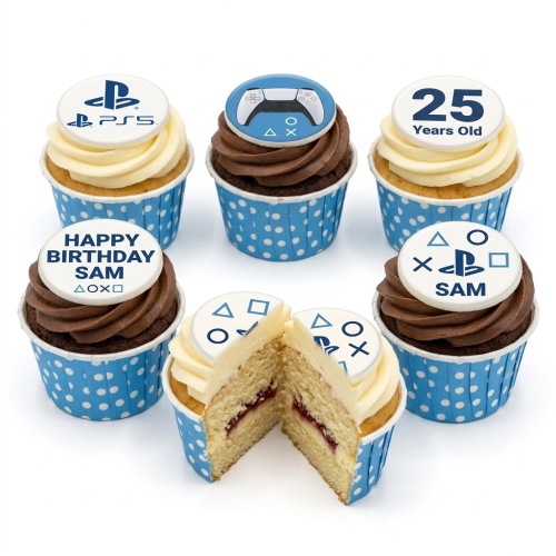 Set of PS5 themed birthday cupcakes with PlayStation logo, controller, and symbols, some with custom age and message toppers.