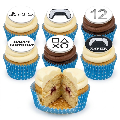 A set of gaming-themed cupcakes with PlayStation 5 logos, controllers, and symbols, with custom age and name examples.