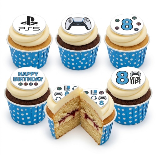 Set of six PlayStation themed birthday cupcakes with PS5 logo, controller, and custom age toppers.