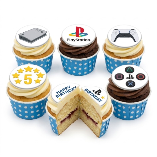 Cupcakes with PlayStation 5 console, controller, logo, and button toppers, with a custom age.