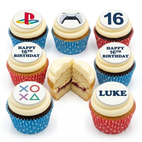 PlayStation themed cupcakes with white frosting, gaming controller, logo, and custom age topper.