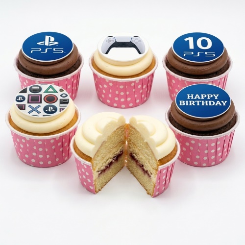 PS5 gaming birthday cupcakes with PlayStation logo, controller, and button symbol toppers, some with custom age and message.