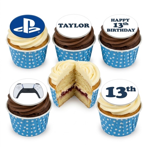 PlayStation themed cupcakes with logo, controller, and custom age/name toppers.
