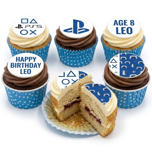 PlayStation themed cupcakes with PS5 and controller toppers, in blue and white cases.