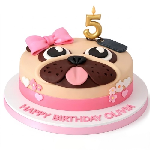 Round pug dog birthday cake with pink bow, custom age candle, and 'Happy Birthday' message.