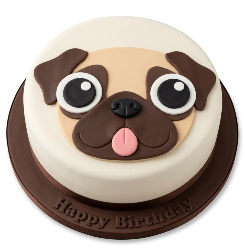 Round birthday cake decorated with a cute pug dog face in cream and brown fondant.