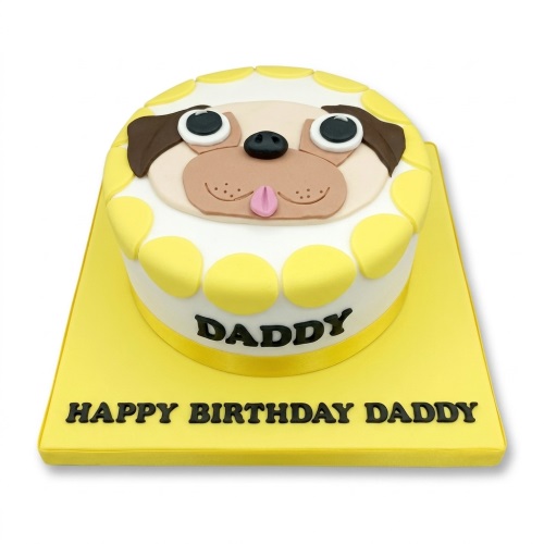 Round white cake with a pug dog face on top, yellow polka dots on the side, and a yellow cake board.