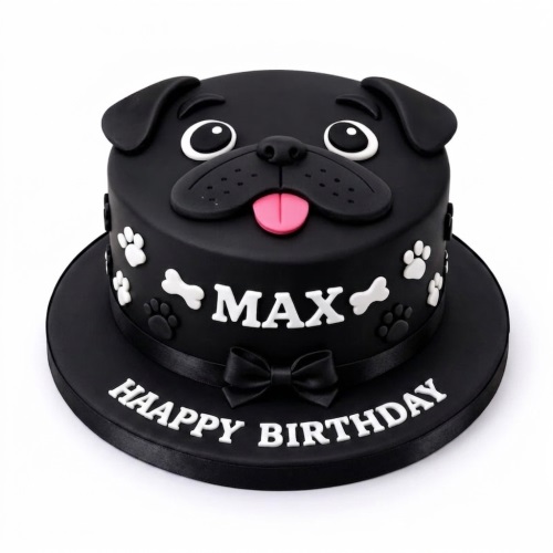 Black pug dog birthday cake with white paw prints, bones, and a custom name.
