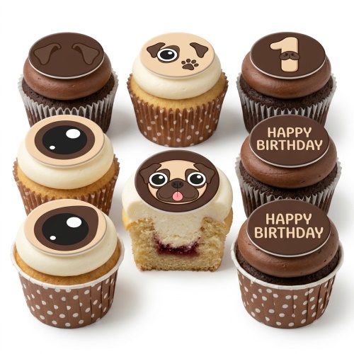 Pug dog themed birthday cupcakes with chocolate and vanilla frosting, featuring pug faces, paw prints, and a custom age topper.