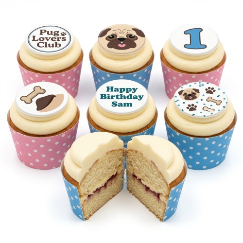 Pug themed birthday cupcakes with custom age topper and personalised message, featuring pug faces, paw prints, and bones.