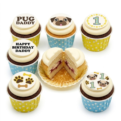 Pug dog themed birthday cupcakes with white frosting, paw prints, bones, and custom age topper.