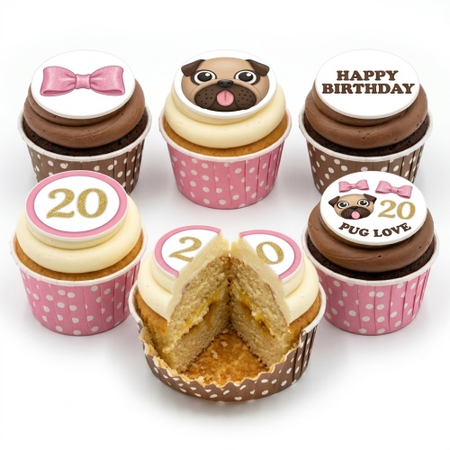 Six cupcakes with pug, pink bow, and custom age toppers. Some chocolate, some vanilla.