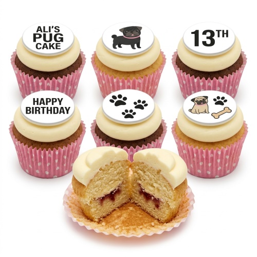 Assorted cupcakes with pug dog, paw print, and custom age/name toppers.