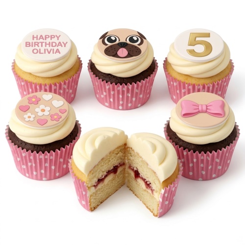 Six cupcakes with white frosting, pink polka dot wrappers, featuring pug, bow, floral, custom age, and personalised message toppers.