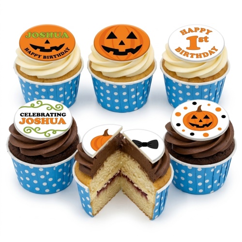 Six cupcakes with orange and black Jack-o'-lantern toppers and personalised birthday messages.