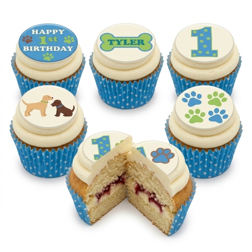 1st birthday cupcakes with dog illustrations, paw prints, and a custom name bone topper.