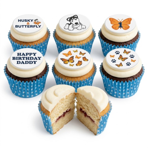 Cupcakes with husky, butterfly, and paw print toppers, with custom age and message examples.
