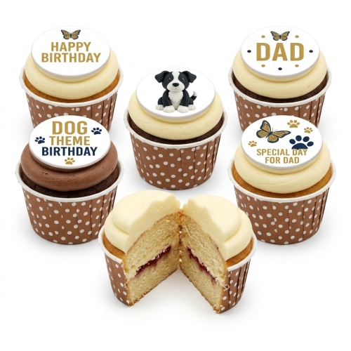 Dog theme birthday cupcakes with puppy, paw prints, butterflies, and custom messages.