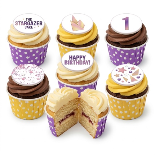 Stargazer themed cupcakes with star decorations, a custom age topper, and 'Happy Birthday' message.