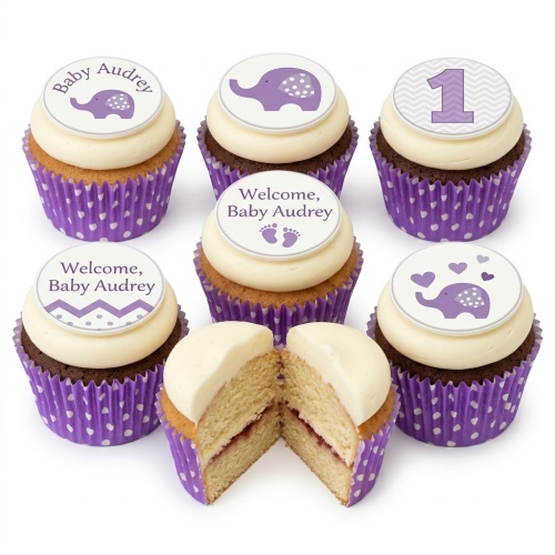 Purple elephant baby shower cupcakes with custom age and name toppers.