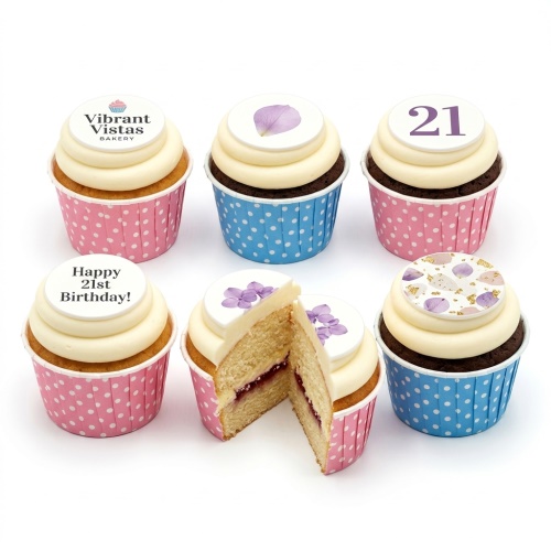Six cupcakes with white buttercream and fondant toppers. Designs include purple petals, gold abstract patterns, and a custom age number. Cupcakes are in pink and blue polka dot wrappers.