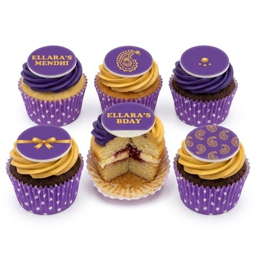 Purple and gold cupcakes with paisley, bow, and personalised name toppers for a birthday.