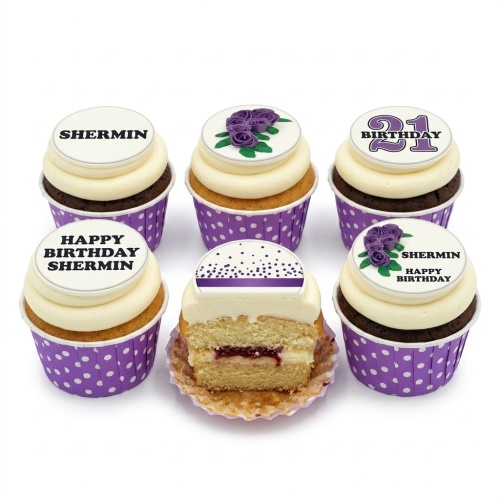 Six purple floral birthday cupcakes with custom age and name toppers, on white background.