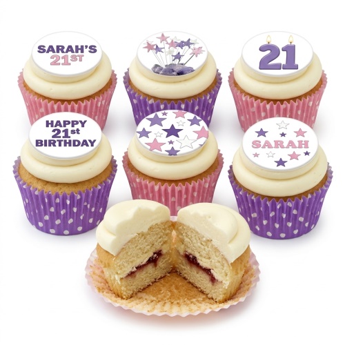 Cupcakes with white frosting, pink and purple star toppers, and custom age and name messages.
