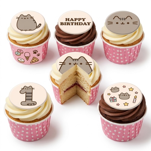 Pusheen cat themed birthday cupcakes with white and chocolate icing, pink wrappers, and edible toppers.