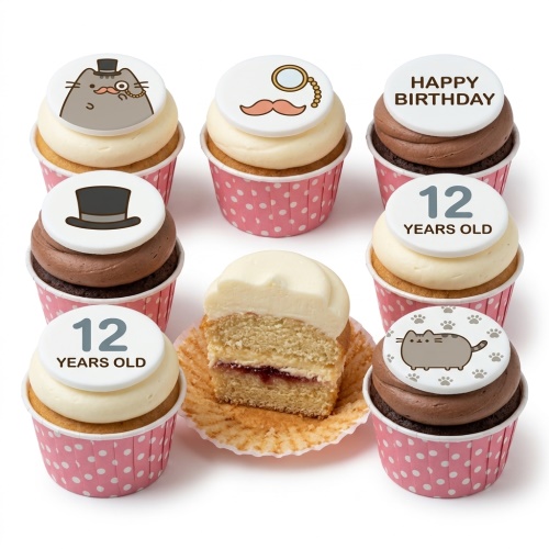 Pusheen themed cupcakes with gentleman accessories, paw prints, and custom age toppers.