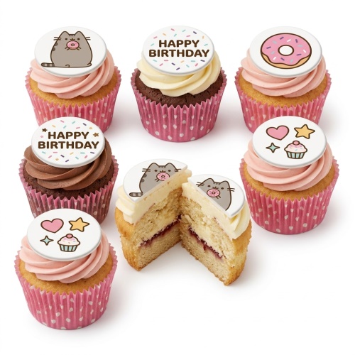 Pusheen Cat birthday cupcakes with pink and chocolate frosting, featuring various Pusheen and birthday themed toppers.
