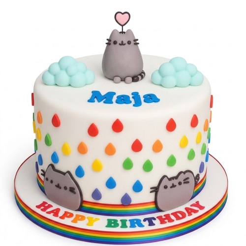 White round birthday cake with Pusheen cat figures, rainbow raindrops, and custom name.