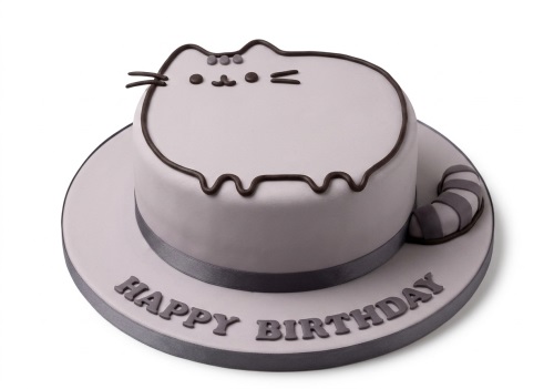 Round grey Pusheen cat birthday cake with striped tail and "Happy Birthday" message.