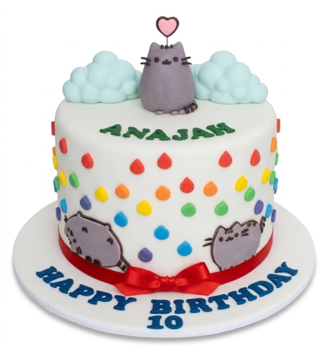 White round Pusheen The Cat birthday cake with rainbow dots, blue clouds, and a red ribbon. Custom name and age visible.