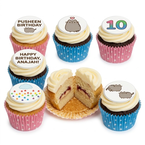 A selection of Pusheen themed birthday cupcakes with white frosting, some with custom age and personalised message toppers.