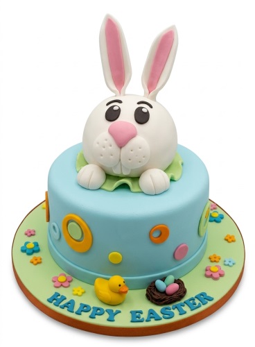 Round light blue Easter cake with a 3D white bunny topper, colourful flowers, a yellow duck, and a nest with eggs, with 'Happy Easter' written on the board.