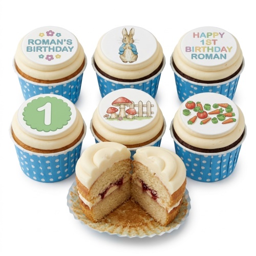 Peter Rabbit themed 1st birthday cupcakes with mushroom, vegetable, and number one decorations.