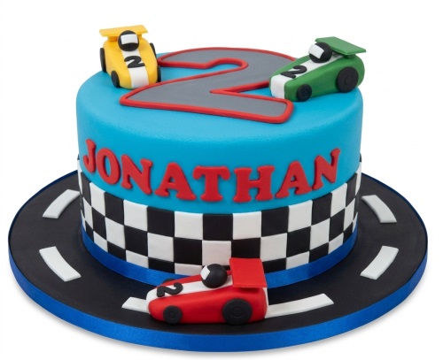 Blue racing car birthday cake with yellow, green, red fondant cars, checkered flag, custom age topper, and personalised name.