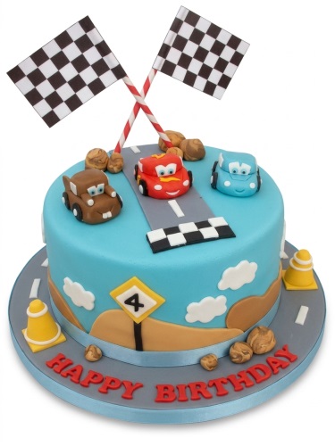 Blue round cake with Cars characters, racing flags, and a custom age sign.
