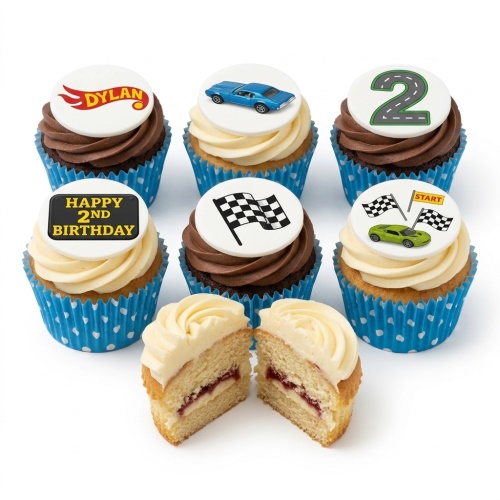 Set of racing car themed birthday cupcakes with various car, flag, and custom age toppers.